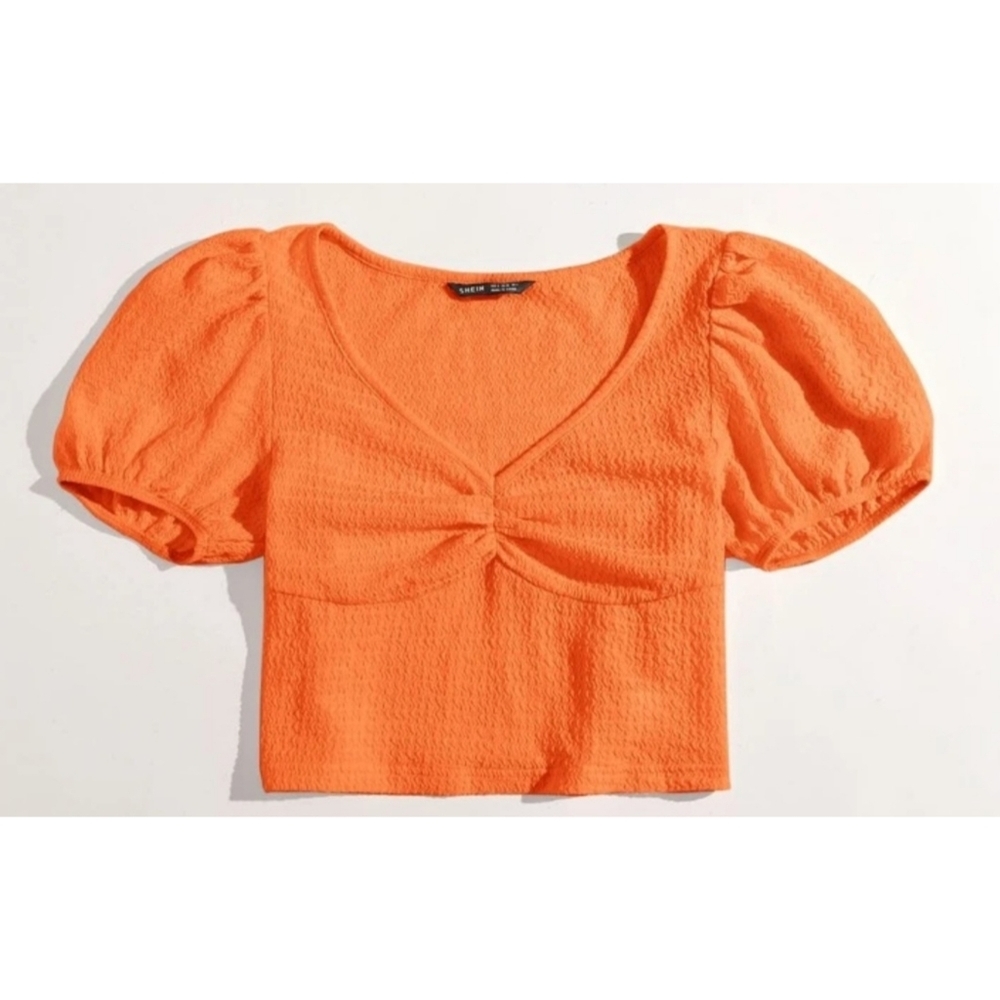 SHEIN Orange Puff Sleeve Ruched Bust Crop Top